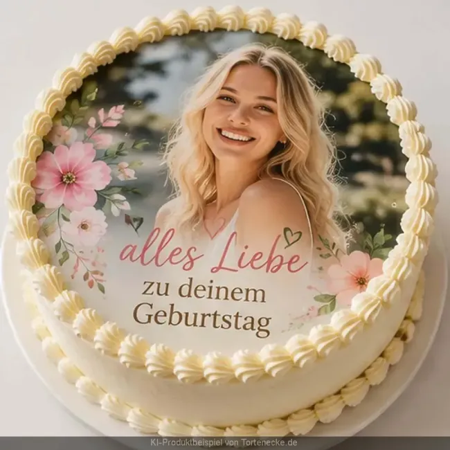 Runder essbarer Foto-Tortenaufleger mit zarten rosa Blumen zum Geburtstag.